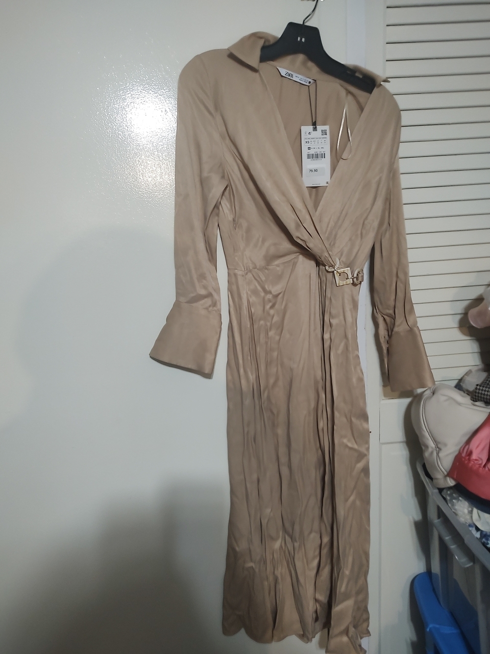 Zara Taupe Satin Wrap Dress with Gold-Tone Buckle